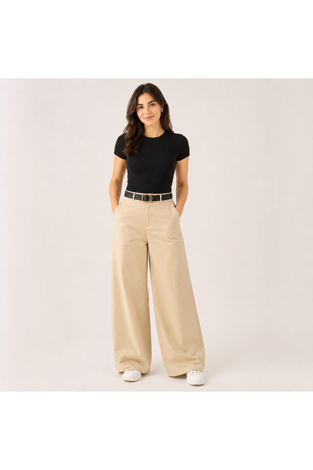 Women's Cream Belt Detailed Pocketed High Waist Comfortable Wide Leg Palazzo Trousers