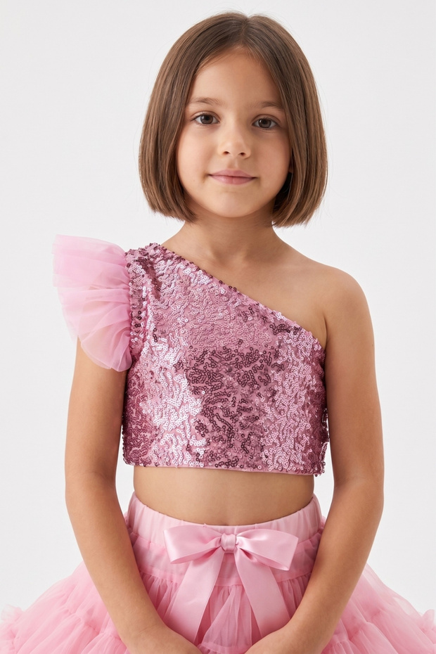 Pink Sequined One-Shoulder Sleeve Tulle Detailed Girls' Crop Blouse - Bianca