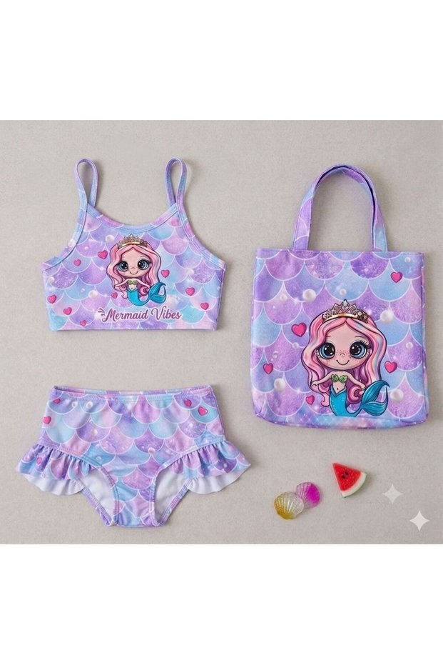 Girl's Mermaid Vibes Purple Three-Piece Swimsuit with Bag, Order One Size Up.