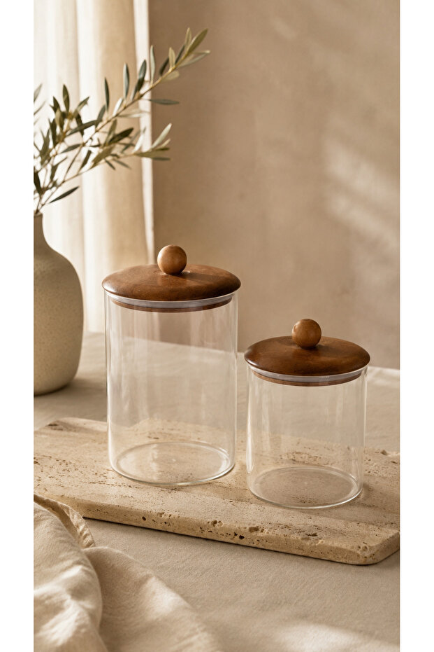 Acacia Lid Glass Jar Set of 2 – 1150 ml + 750 ml Storage Jars