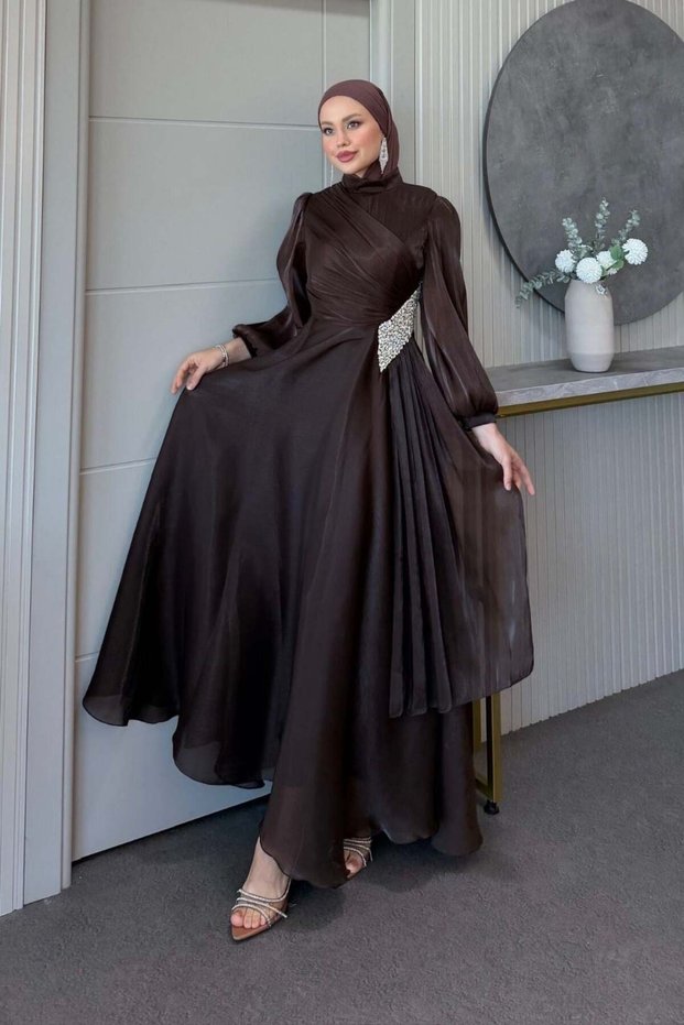 Crystal Drape Detail Evening Dress Brown