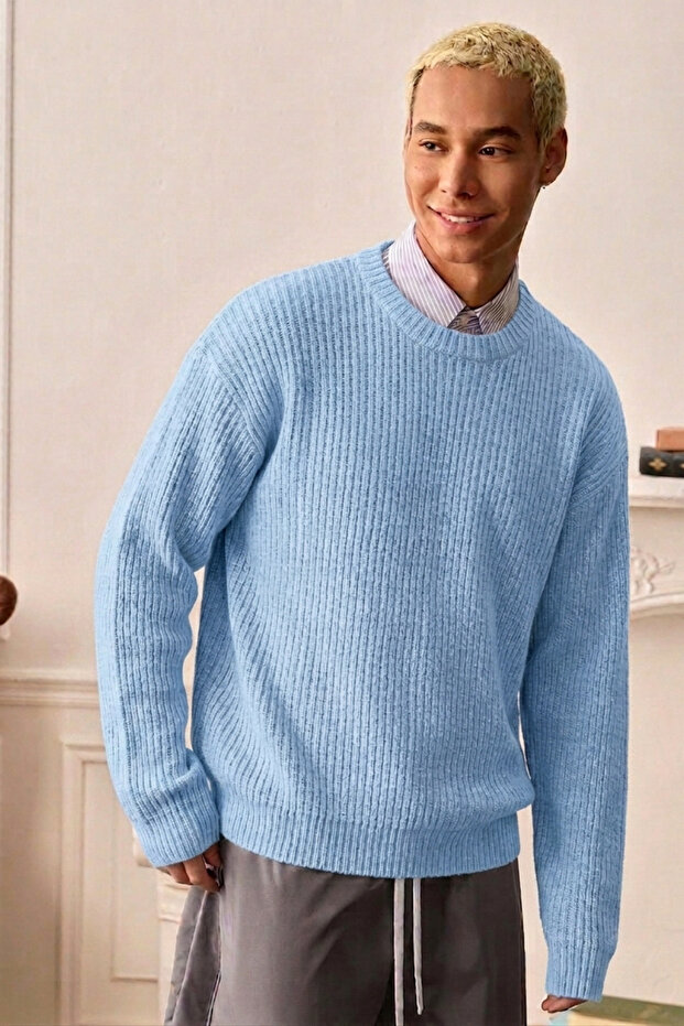 Men's Crew Neck Ribbed Knit Acrylic Cotton Sweater