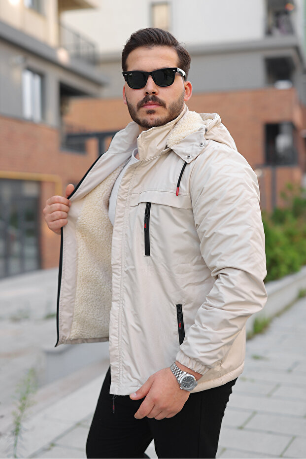 Men's Fur Lined Water and Windproof Winter Coat with Removable Hood