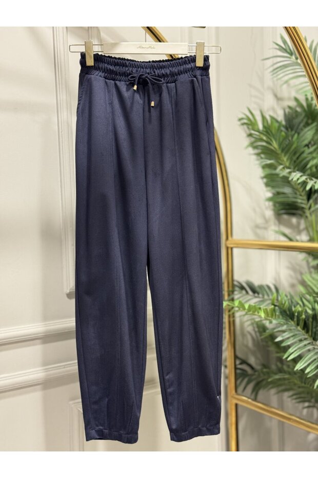 25551 Elastic Waist, Stitched Cuffs Trousers Navy Blue