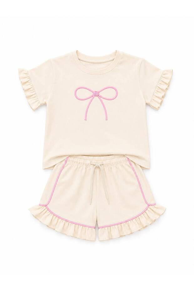 Girl's Ribbon Detailed Shorts Set with Ruffles and Short Sleeves, Comfortable Fit, 2-Piece Set