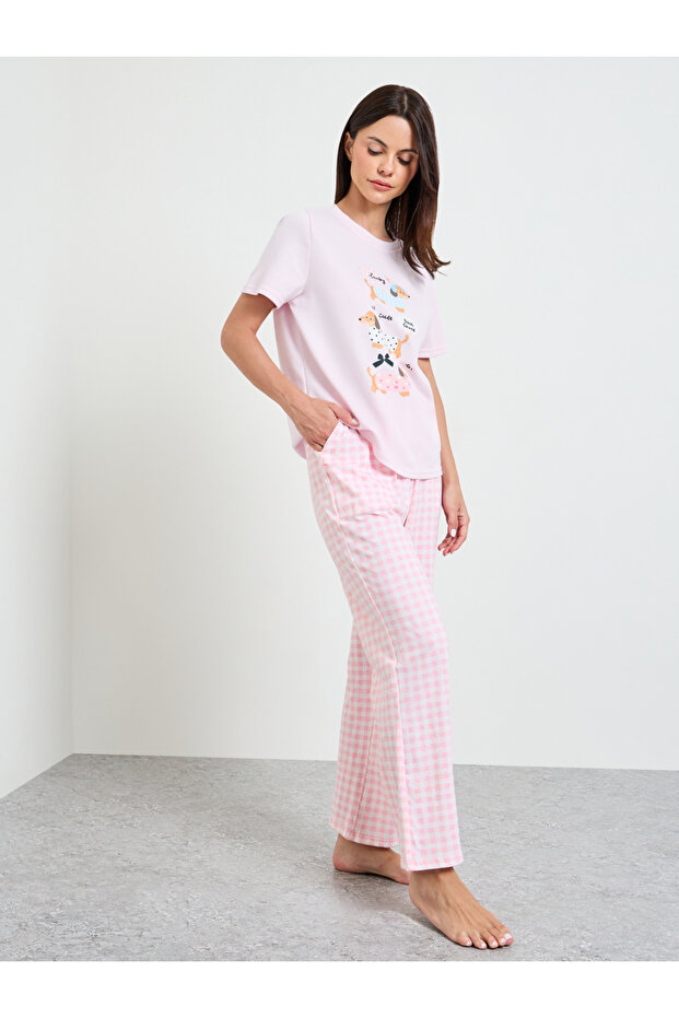 Pink Graphic Dog Print T-Shirt and Checked Pyjama Set