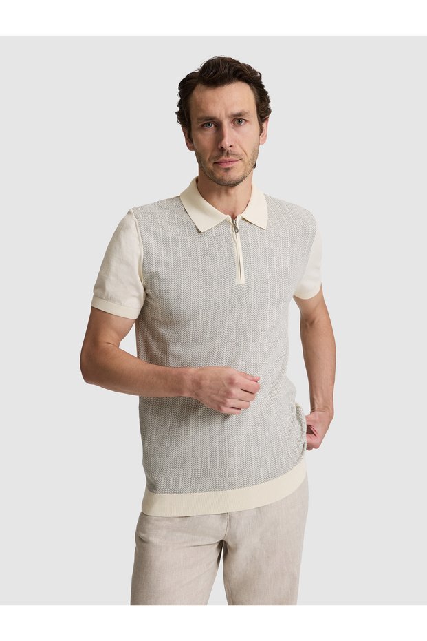 Light Gray Slim Fit 100% Cotton Zippered Polo Collar Knitwear T-Shirt 50320671-Vr001