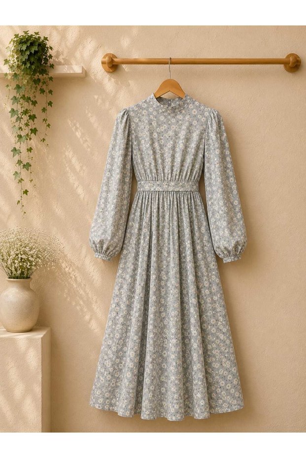 Hijab Daisy Gray High Neck Flared Dress