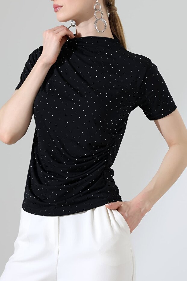 Women's Stoned Sandy Draped High Neck Blouse