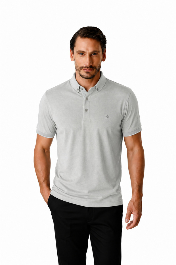 Gray Slim Fit Slim Fit Buttoned Polo Collar Plain Short Sleeve Cotton T-Shirt