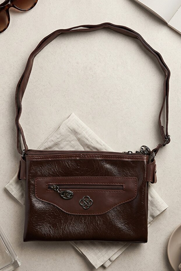 Women's Brown Accessory Detailed 3-Compartment Leather Look Minimalist Shoulder Bag