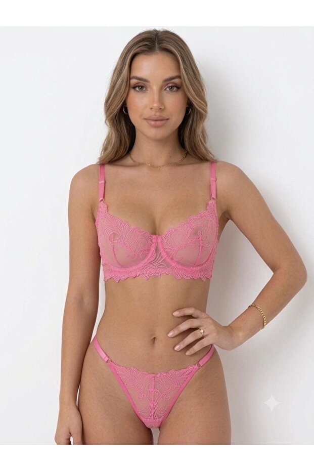 Women's Pink Lace Lingerie Set Bra and Panty Set