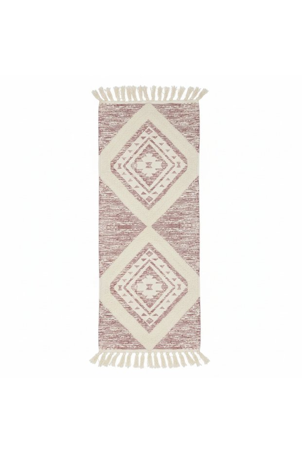 Handcrafted Boho Moroccan Diamond Geometric Runner Carpet | 50% Cotton 50% Polyester | 60×180 cm | Cream & Dusty Rose | Tasseled Fringe | Living Room, Bedroom & Hallway