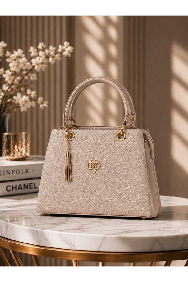 Women's Stylish Silver-Gold Tasseled Lined Bag with 2 Compartments and Adjustable Strap for Hand and Shoulder Use