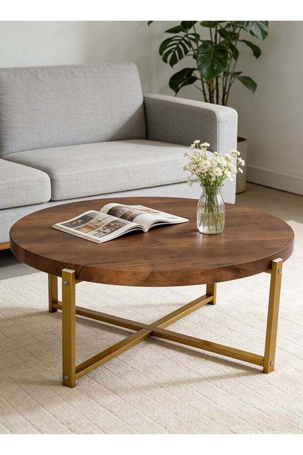 Migue home Modern Round Coffee Table for Living Room, Easy Assembly, 33.5cm H x 82cm W, Walnut and Gold Color