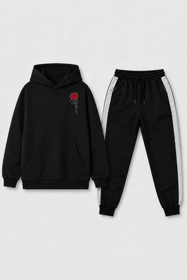 Red Rose Printed Unisex Children's Tracksuit Set with Kangaroo Pockets