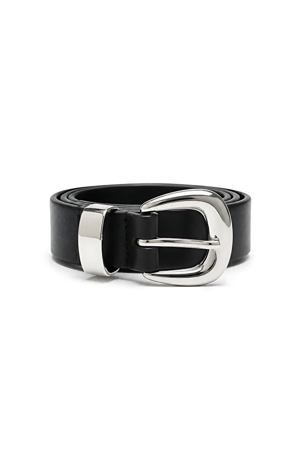 Black Shk3014 Women's Mini D Shape Thin Faux Leather Waist Belt with Silver Buckle and Strap