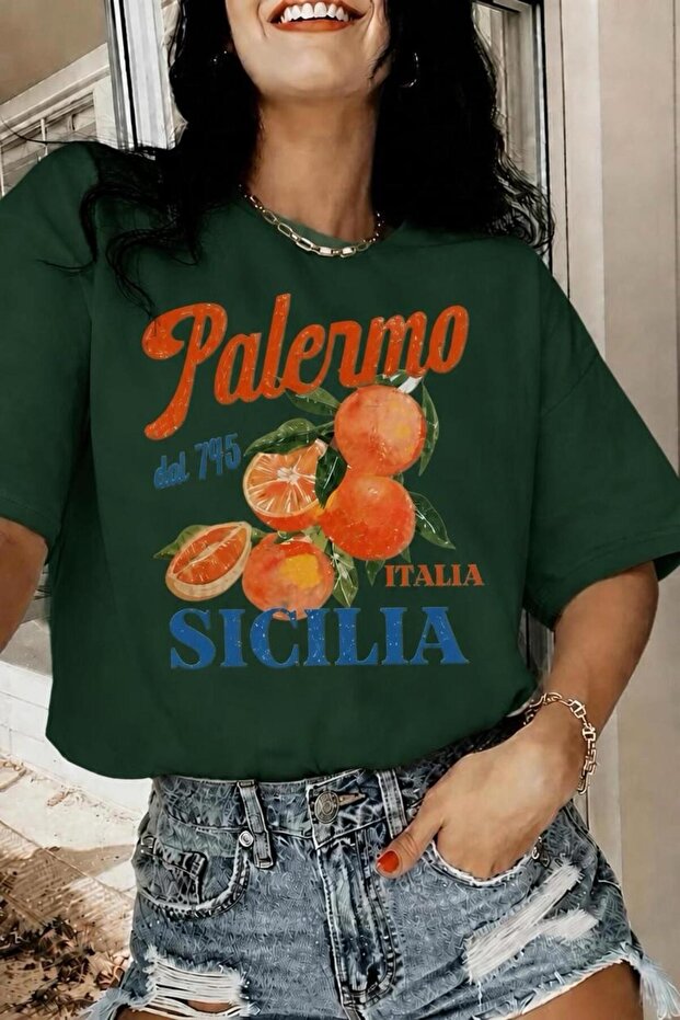 Palermo Sicily Orange Themed Crew Neck Cotton Oversize T-Shirt