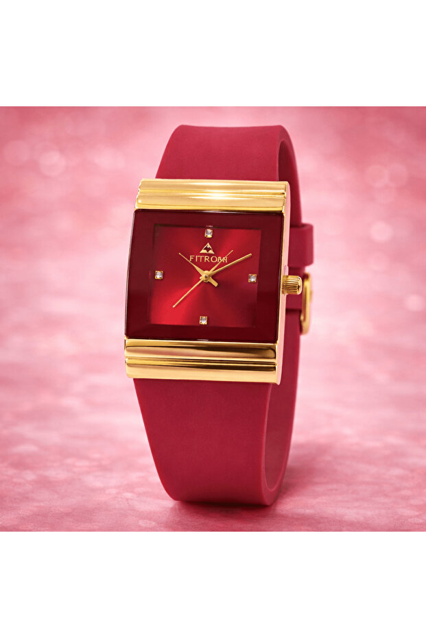 Women’s Red Dial Rectangular Watch Gold Case Silicone Strap