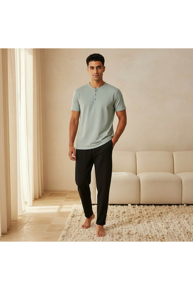 Men Henley Neck Nightwear Set