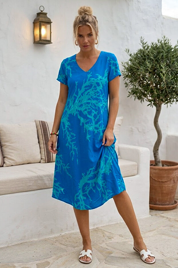 Blue-Green V-Neck Short Sleeve Patterned Casual Viscose Woven Dress 113 64