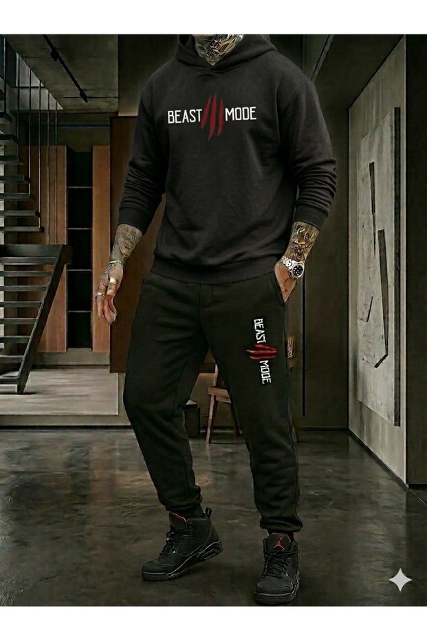 Unisex Beast Mode Printed Hooded Sweatshirt Tracksuit Set