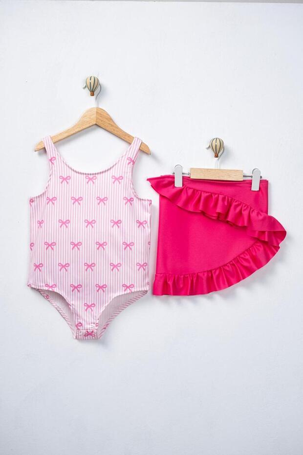 Girl's Pareo Pink Swimsuit Bow Patterned Beach and Pool Swimsuit Set