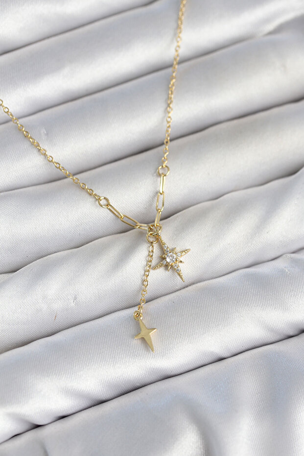 Brass Gold Color Zircon Stone Minimal Dangle Pole Star Model Women's Necklace -