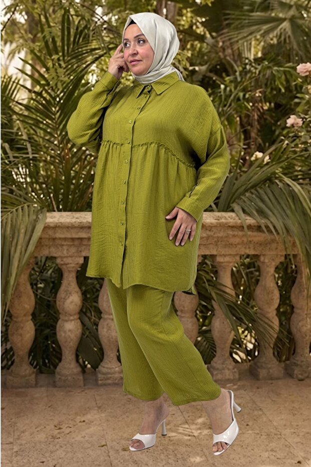 67062 Plus Size Drawstring Detailed Double Tensel Pants Suit - Fat Green