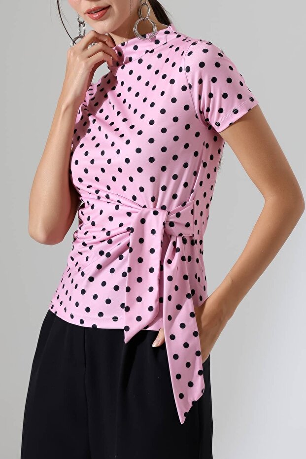 Women's Micro Digital Polka Dot Blouse with Tie Detail