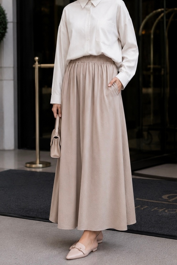 Beige Tencel Skirt with Elastic Waist and Pockets