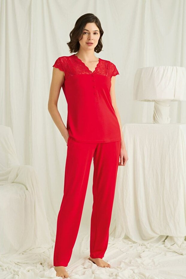 Collar Sleeve and Shoulder Lace Front Buttoned Pajama Set