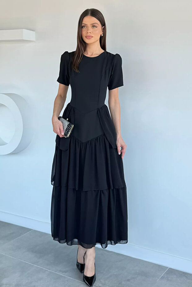 Black Women's Layered Chiffon Dress with Corset Back