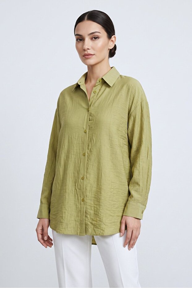 Oil Green Relaxed Fit Textured Basic Shirt with Low Shoulder Effect