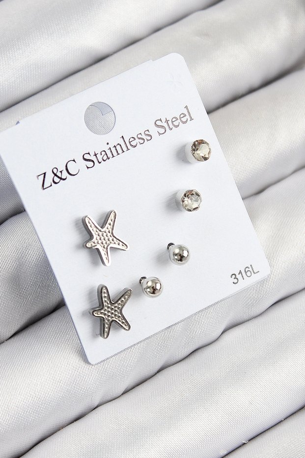 316L Steel Zircon Stone Starfish Model Silver Color Women's Set Earrings