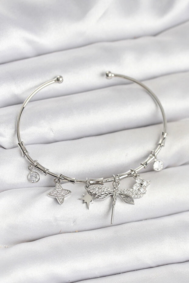 Silver Color Brass Women's Bracelet with Dragonfly Charm