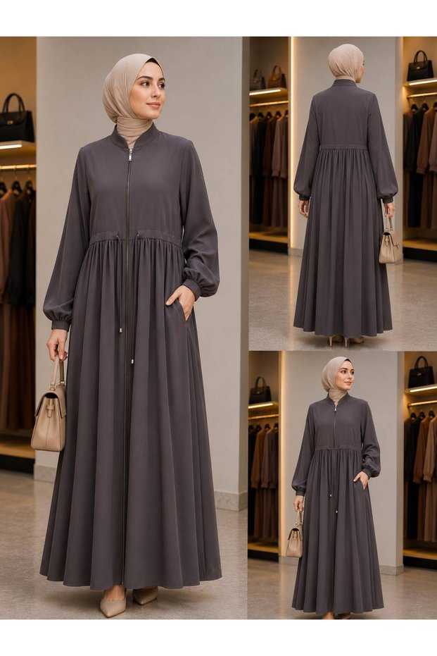 2082 ZIPPED, DRAWSTRING DETAIL - Mock Neck COLLAR , Transitional Pocketed ABAYA