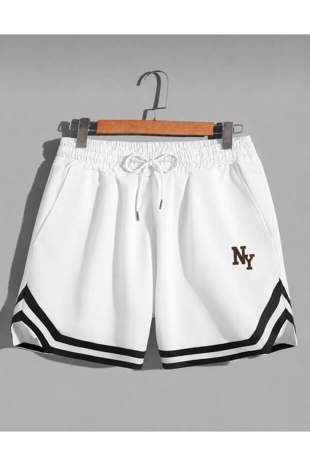 Men's White Ny Print Combed Cotton Shorts Sports Bermuda Striped Basketball Football Fitness Training Running Shorts