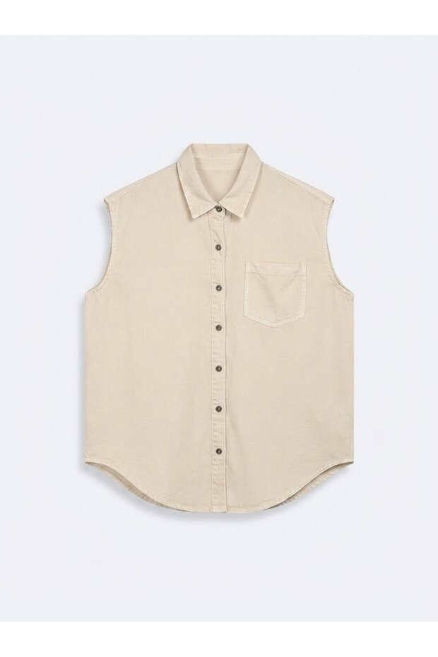 Tencel Sleeveless Beige Shirt with Pocket Detail