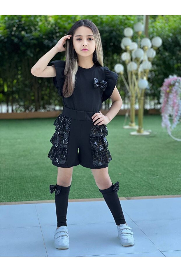 Girls' Set with Sequins, Dusty Effect, and Shorts with Bow Detail
