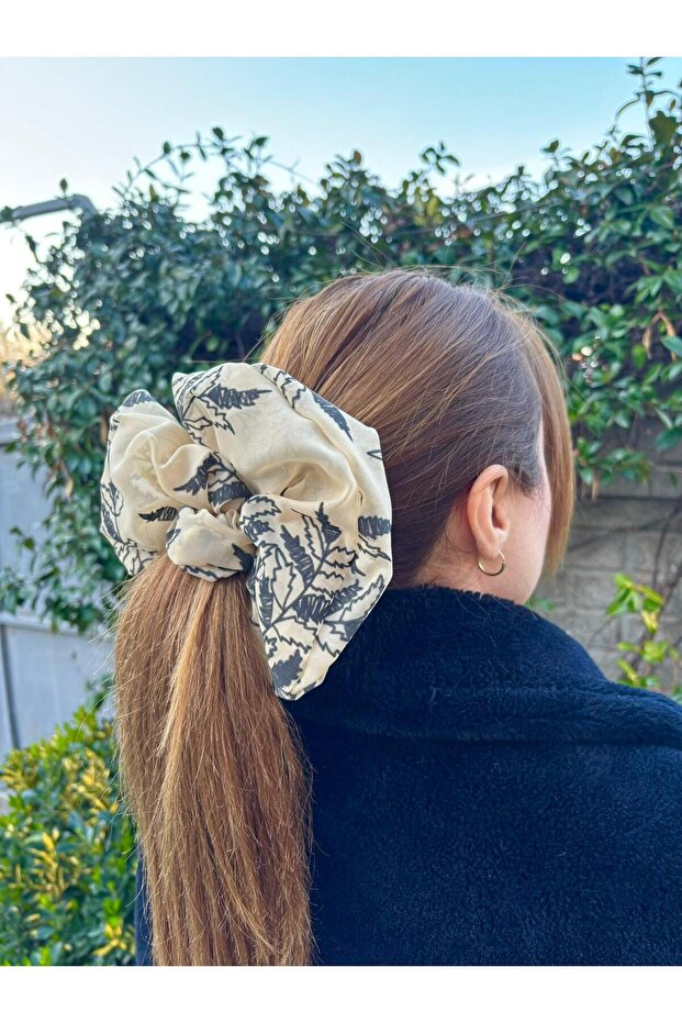 Cream Colored Patterned XXL Organza Hair Tie
