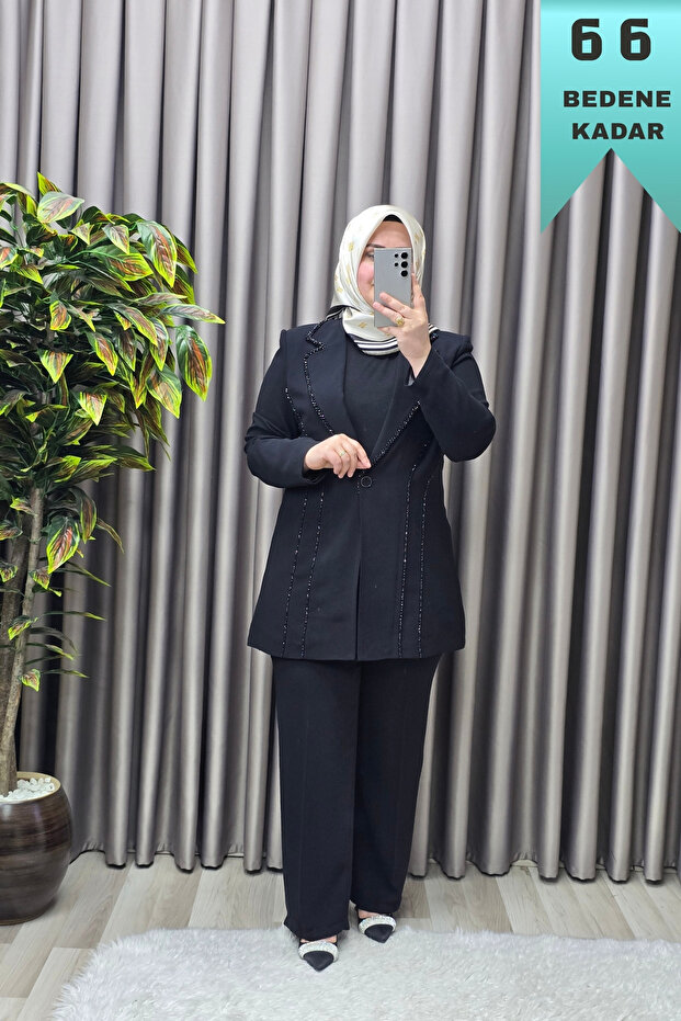 Women's Clothing Plus Size Stone Detailed Pants and Jacket Set