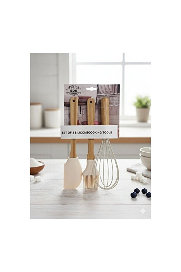 3-Piece Silicone Set with Bamboo Handle, Brush, Spatula, Whisk, Colorful, Durable