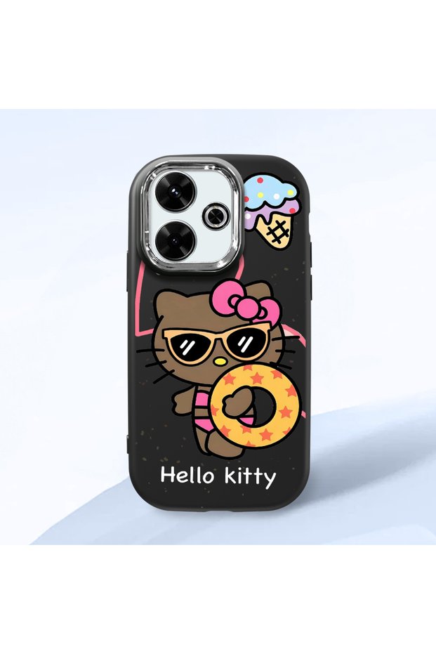 Redmi 13X Compatible Case Camera Protector Black Silicone Couple Phone Case with Kitty Pattern