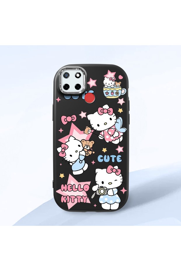 Realme C25 Compatible Case Camera Protector Black Silicone Couple Phone Case with Kitty Pattern
