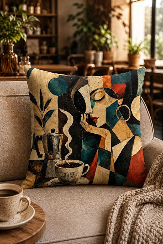 Cubist Art Woman and Coffee Patterned Double-Sided Printed Throw Pillow Cover 43X43