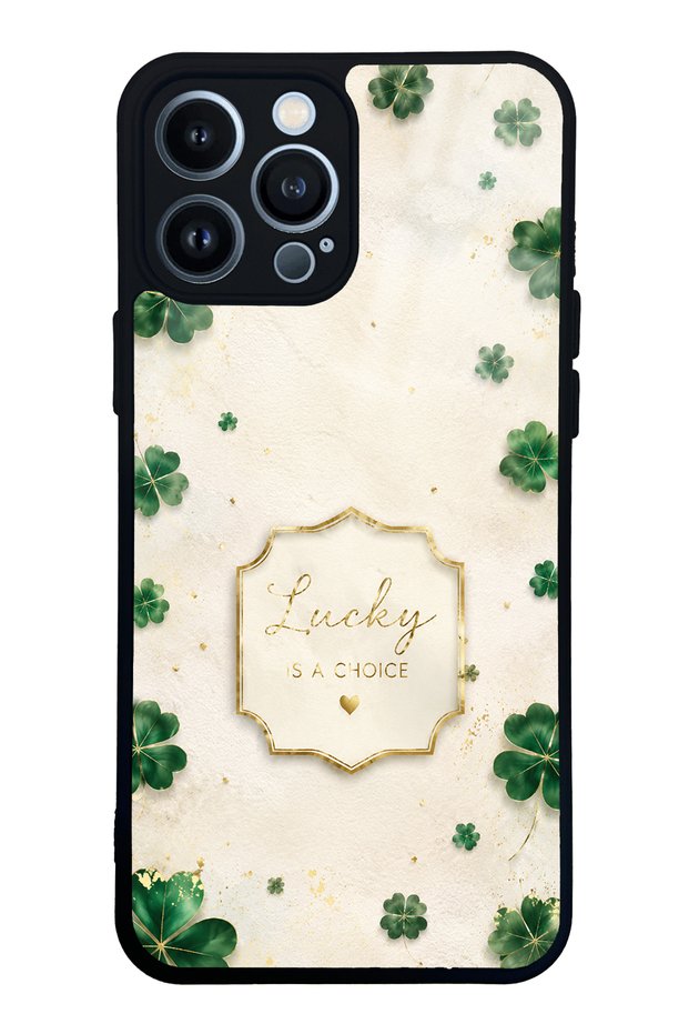 iPhone 13 Pro Max Ivory Glossy Phone Case with Lucky Clover Design