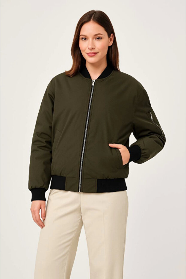 Lined Zippered Bomber Coat Jacket - Khaki