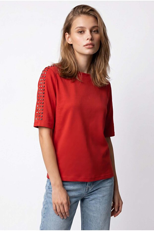2166 Women's Stone Detailed Crew Neck Short Sleeve Blouse Red