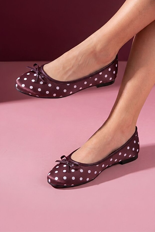 Sintra Burgundy Satin Polka Dot Bow Ballerina Flats